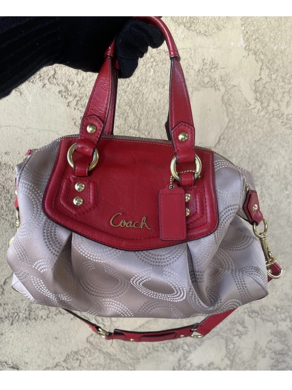 Coach Ashley Signature Khaki Red Op Art Dotted Satchel Crossbody, 2012, F20027 - Picture 3 of 16